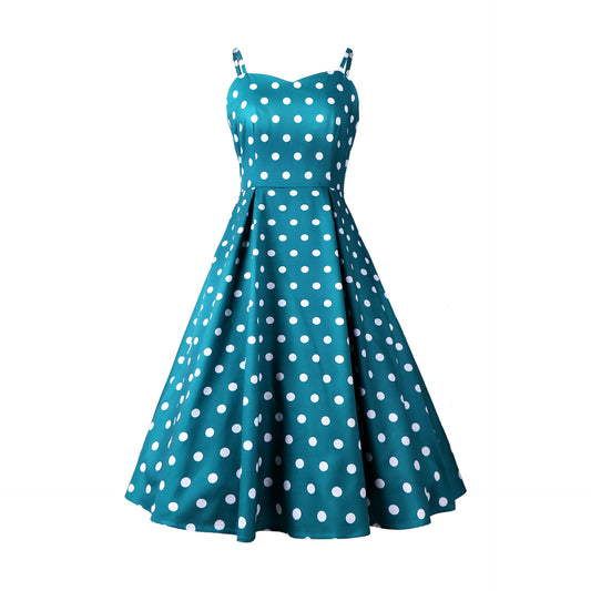 1950s Teal Spaghetti Strap Retro Polka Dot Vintage Dress