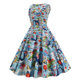 1950s Light Blue Tropical Print Sleeveless Vintage Dress