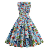1950s Light Blue Tropical Print Sleeveless Vintage Dress