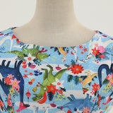 1950s Light Blue Tropical Print Sleeveless Vintage Dress