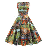 1950s Light Blue Tropical Print Sleeveless Vintage Dress