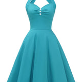 1950S Turquoise Halter Neck Button Detail Vintage Dress