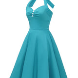 1950S Turquoise Halter Neck Button Detail Vintage Dress
