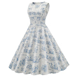 1950S White and Blue Print Sleeveless Vintage Dress
