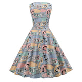 1950S White and Blue Print Sleeveless Vintage Dress