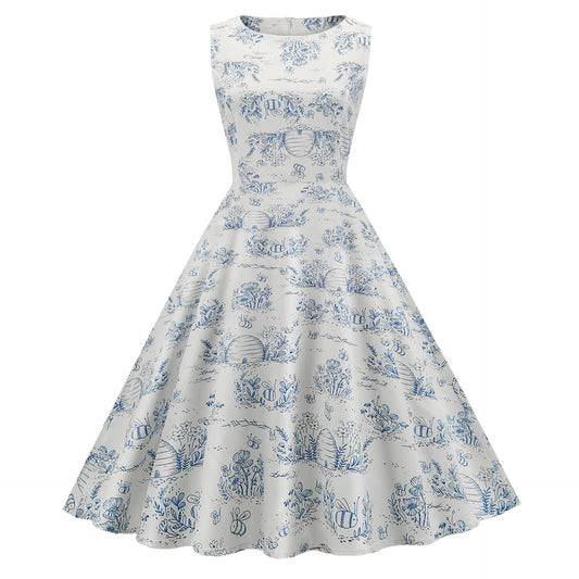 1950S White and Blue Print Sleeveless Vintage Dress
