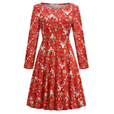 1950s White Christmas Print Long Sleeve Vintage Dress