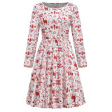 1950s White Christmas Print Long Sleeve Vintage Dress