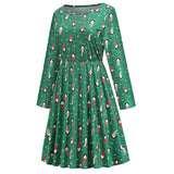 1950s White Christmas Print Long Sleeve Vintage Dress