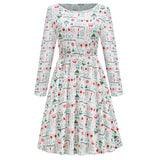 1950s White Christmas Print Long Sleeve Vintage Dress