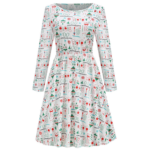 1950s White Christmas Print Long Sleeve Vintage Dress
