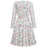 1950s White Christmas Print Long Sleeve Vintage Dress