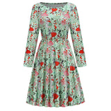 1950s White Christmas Print Long Sleeve Vintage Dress