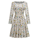 1950s White Christmas Print Long Sleeve Vintage Dress