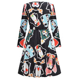 1950s White Christmas Print Long Sleeve Vintage Dress