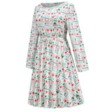1950s White Christmas Print Long Sleeve Vintage Dress
