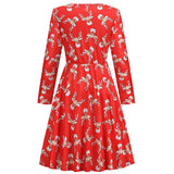 1950s White Christmas Print Long Sleeve Vintage Dress