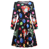 1950s White Christmas Print Long Sleeve Vintage Dress
