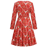 1950s White Christmas Print Long Sleeve Vintage Dress