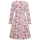 1950s White Christmas Print Long Sleeve Vintage Dress