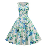 1950S White Floral Print V-Neck Sleeveless Vintage Dress