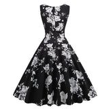 1950S White Floral Print V-Neck Sleeveless Vintage Dress