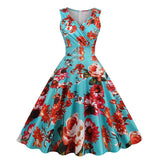 1950S White Floral Print V-Neck Sleeveless Vintage Dress