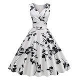 1950S White Floral Print V-Neck Sleeveless Vintage Dress