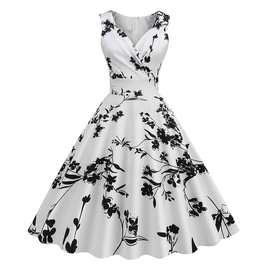 1950S White Floral Print V-Neck Sleeveless Vintage Dress