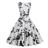 1950S White Floral Print V-Neck Sleeveless Vintage Dress
