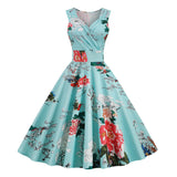 1950S White Floral Print V-Neck Sleeveless Vintage Dress