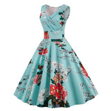 1950S White Floral Print V-Neck Sleeveless Vintage Dress