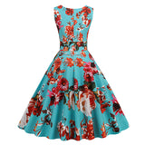 1950S White Floral Print V-Neck Sleeveless Vintage Dress
