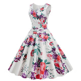 1950S White Floral Print V-Neck Sleeveless Vintage Dress