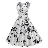 1950S White Floral Print V-Neck Sleeveless Vintage Dress