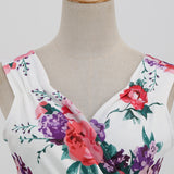 1950S White Floral Print V-Neck Sleeveless Vintage Dress