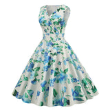 1950S White Floral Print V-Neck Sleeveless Vintage Dress