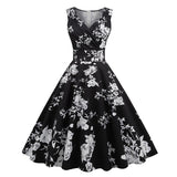 1950S White Floral Print V-Neck Sleeveless Vintage Dress