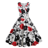 1950S White Floral Print V-Neck Sleeveless Vintage Dress