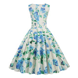1950S White Floral Print V-Neck Sleeveless Vintage Dress