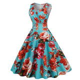 1950S White Floral Print V-Neck Sleeveless Vintage Dress