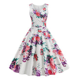 1950S White Floral Print V-Neck Sleeveless Vintage Dress