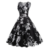 1950S White Floral Print V-Neck Sleeveless Vintage Dress