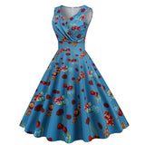 1950S White Floral Print V-Neck Sleeveless Vintage Dress