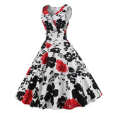 1950S White Floral Print V-Neck Sleeveless Vintage Dress