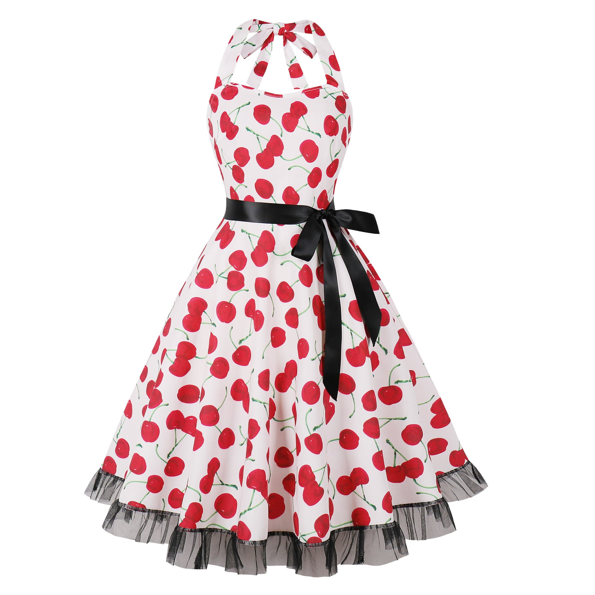 1950S White Halter Neck Butterfly Print Belted Vintage Dress