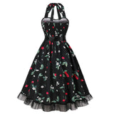 1950S White Halter Neck Butterfly Print Belted Vintage Dress