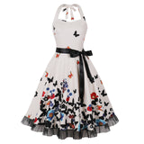 1950S White Halter Neck Butterfly Print Belted Vintage Dress