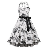1950S White Halter Neck Butterfly Print Belted Vintage Dress