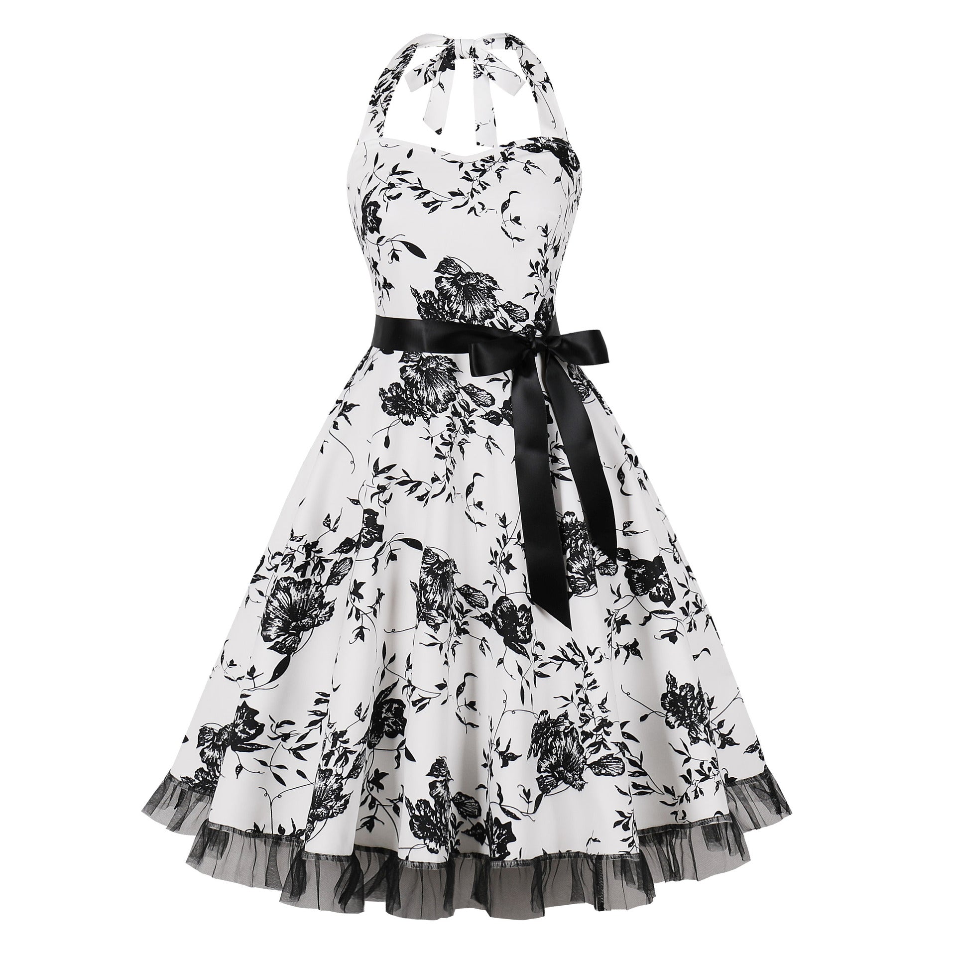 1950S White Halter Neck Butterfly Print Belted Vintage Dress